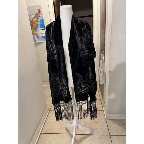 Managrove & NY Black Velvet Beaded Fringed Rectangle Scarf 20x86 - Picture 1 of 7